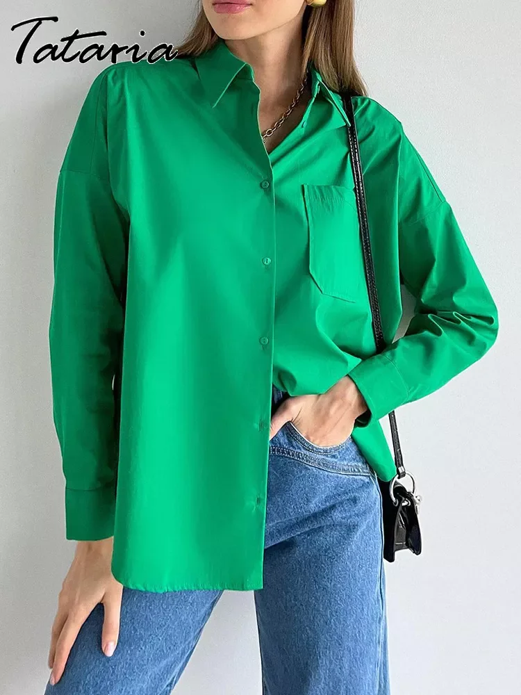 

Basic Green Shirt Oversized for Women 100% Cotton Elegant Beautiful Blouses with Pocket Women's 2022 Spring New Long Sleeve