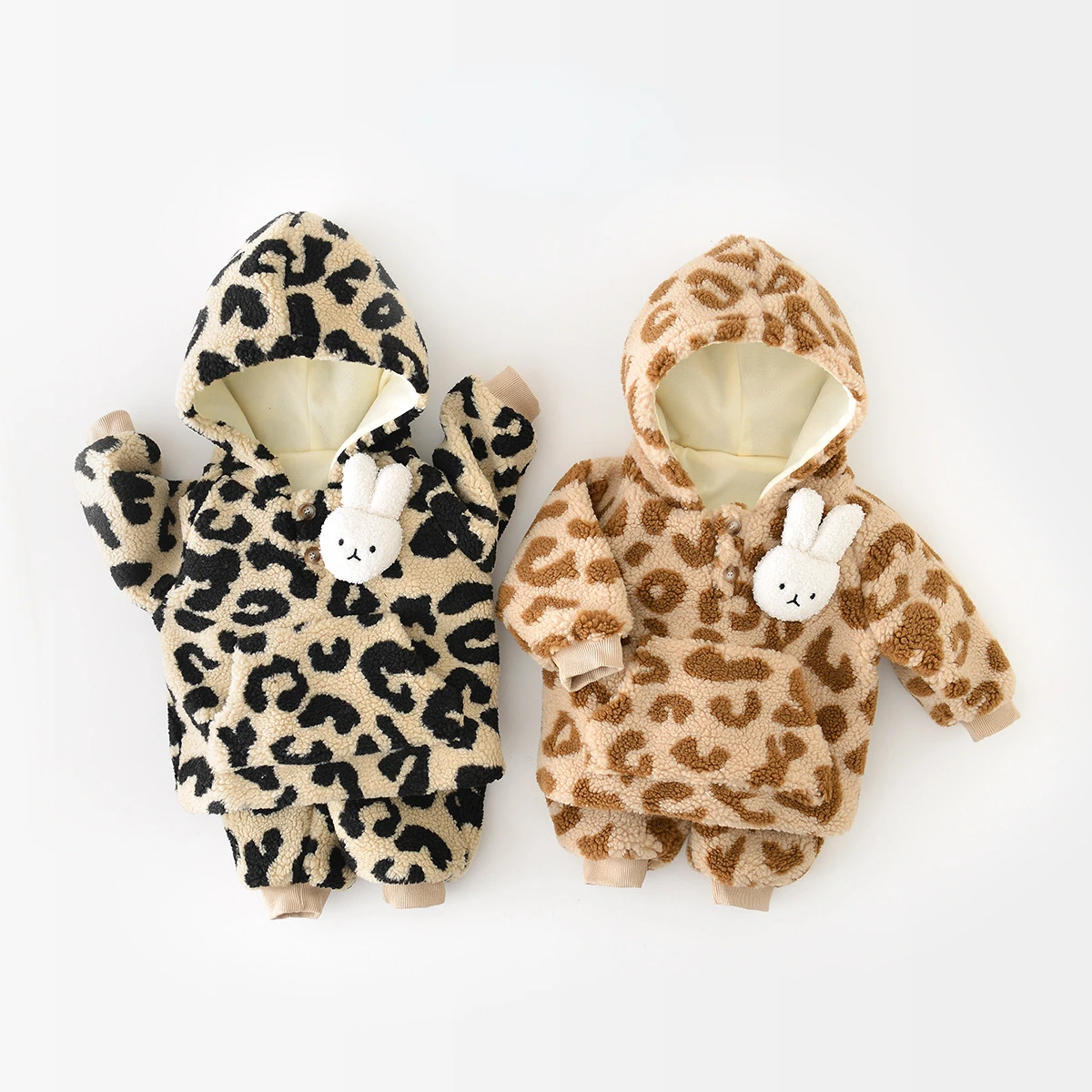 

Winter Baby Clothing Set Leopard Print Infant Girls Hoodie Suit Fur Lining Boys Parkas And Pants 2 Pcs Clothes Set