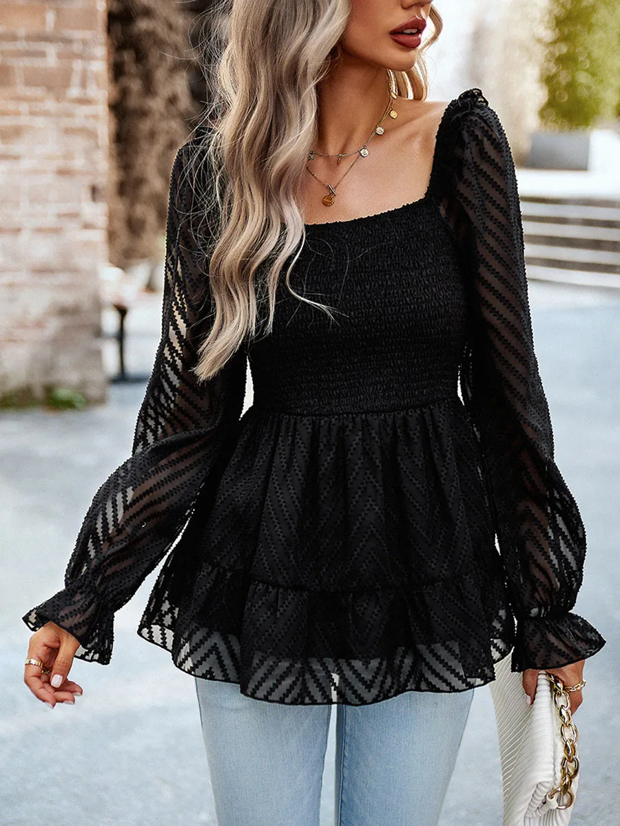 

Women s UK Casual Long Sleeve Square Neck Smocked Ruffle Hem Slim Babydoll Blouse Shirt Tunics Tops with Delicate Embroidery