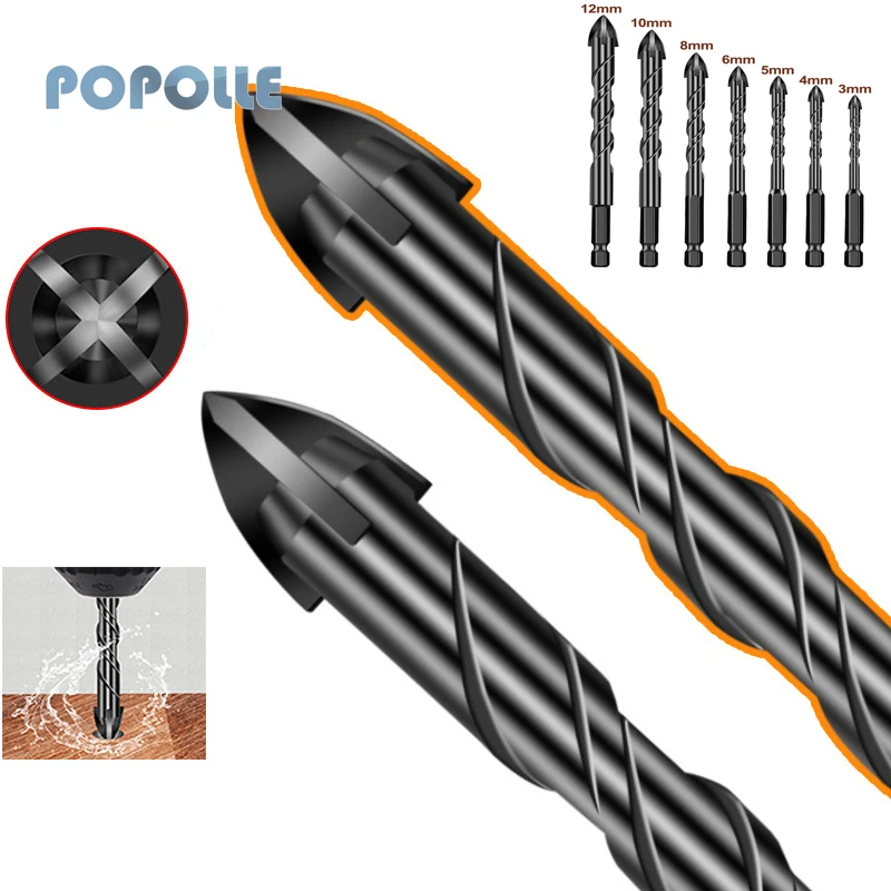 Glass Four-blade Cross Drill Set Hexagon Shank Spiral Groove Cement Wood Ceramic Glass Drilling Alloy Triangle Drill 7pcs