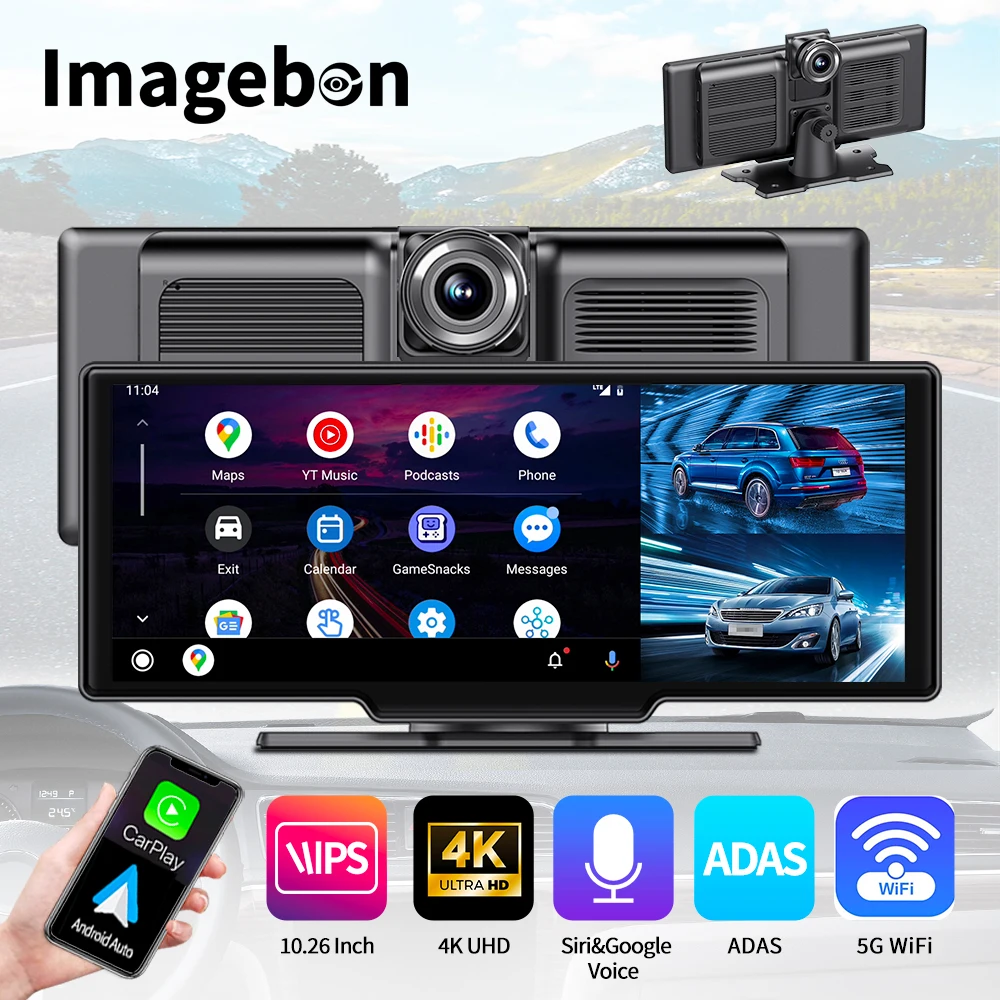 10.26 Inch 4K ADAS Car DVR Wireless And Wired CarPlay & Android Auto Dash Cam With GPS 24h Park Monitor Night Vision Recorder