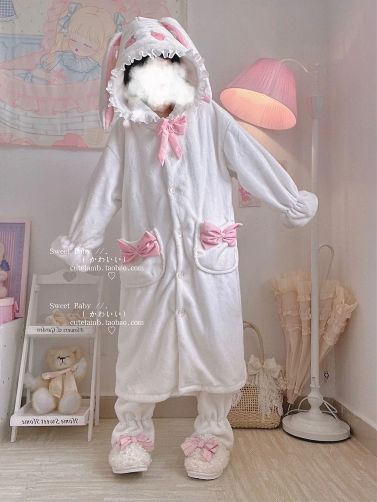 Милый костюм из двух предметов с кроликом Фланелевая пижама капюшоном