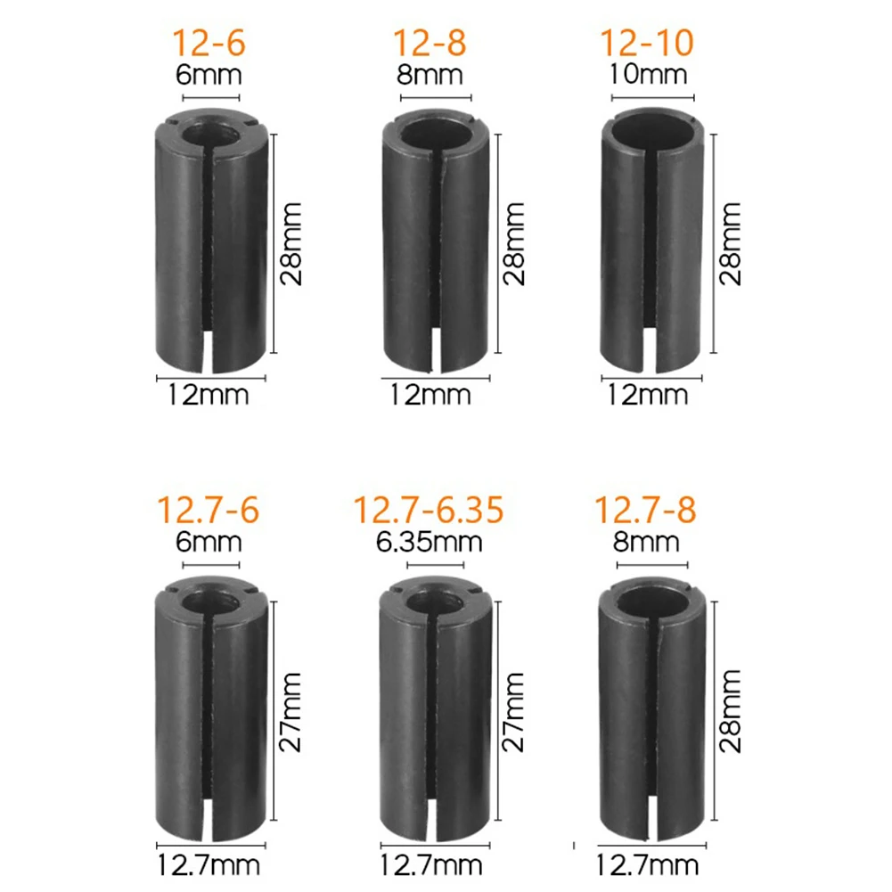 

6pcs Carbide Route Bit Chuck Adaptor Holder Chuck Collets 12mm To 6mm/12mm To 8mm/12mm To 10mm For Engraving Machine Power Tools