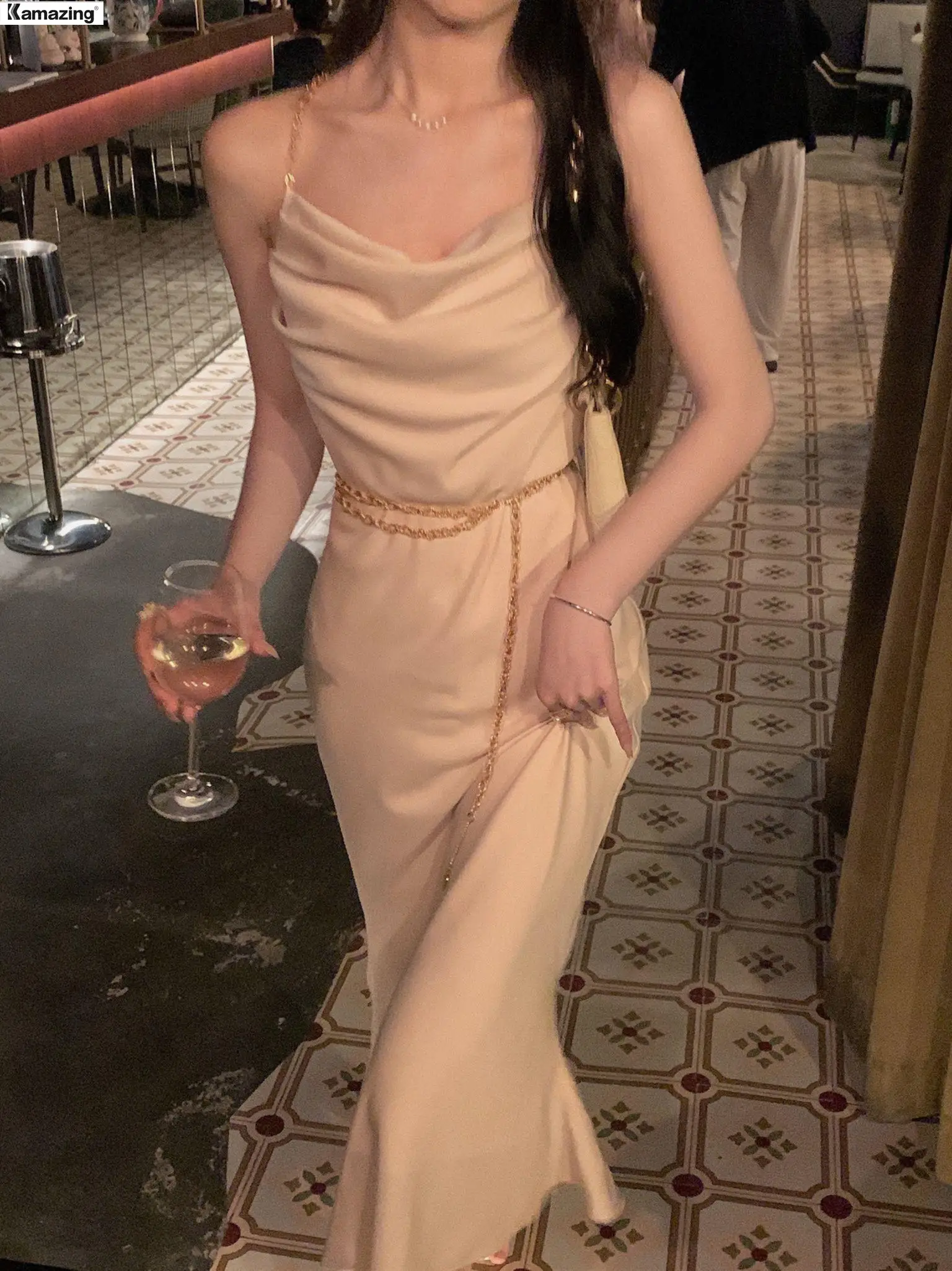 

Women New Summer Spaghetti Strap Satin Midi Dress Sexy Bodycon Elegant Party Slim One Piece Clothes Vestidos