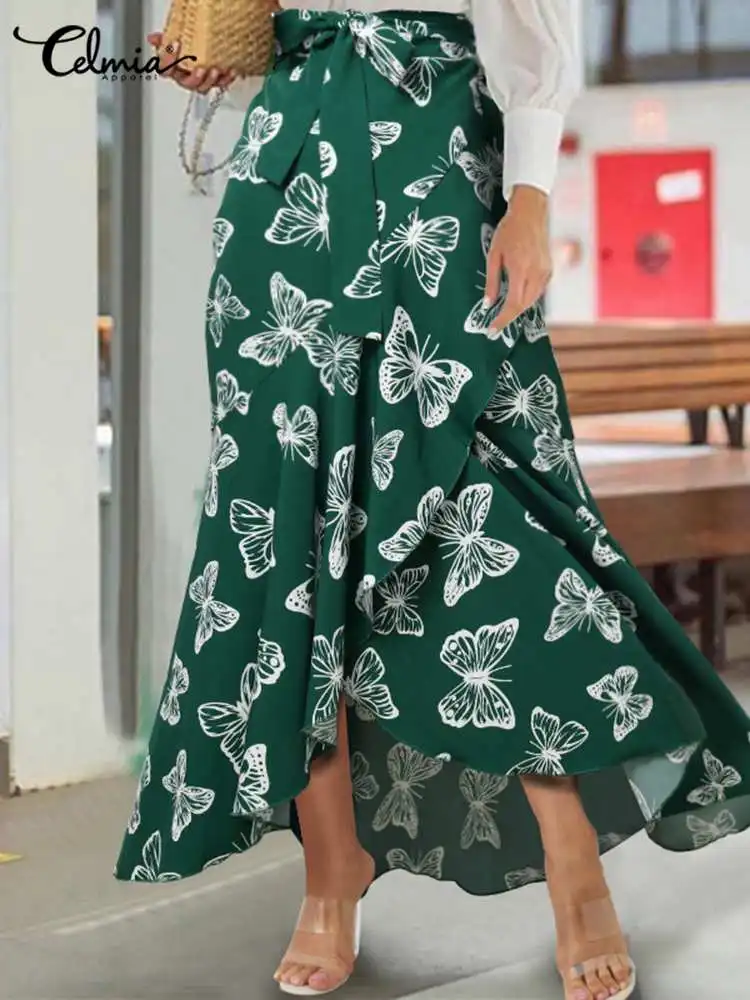 

Celmia богемная элегантная юбка с принтом бабочки с высокой талией и поясом повседневные Макси-юбки пляжные 2022 осенние женские длинные юбки с ...