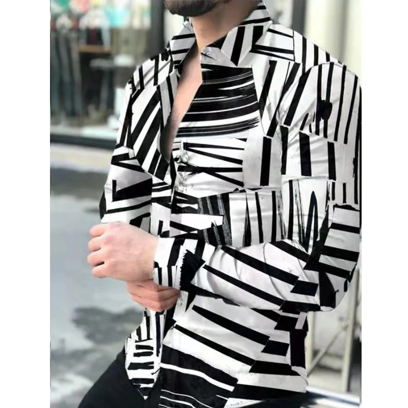 

Рубашка мужская с отложным воротником, модная люксовая блуза на пуговицах, повседневный топ с геометрическим принтом и длинным рукавом, вес...