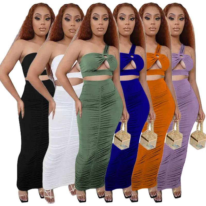 

Sexy One Shoulder Long Skirt Sets Summer Cut out Crop Top and Ruched Skrits Two Pieces Club Outfits Women Tracksuit Partry Wear