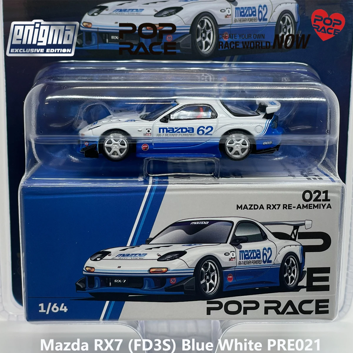 Фото Блистерная упаковка Pop Race PRE021 1:64 Mazda RX7 FD3S RE-Amemiya # 62 эксклюзивных коллекционных моделей автомобилей Enigma в сине-белом цвете, из сплава, JDM №3