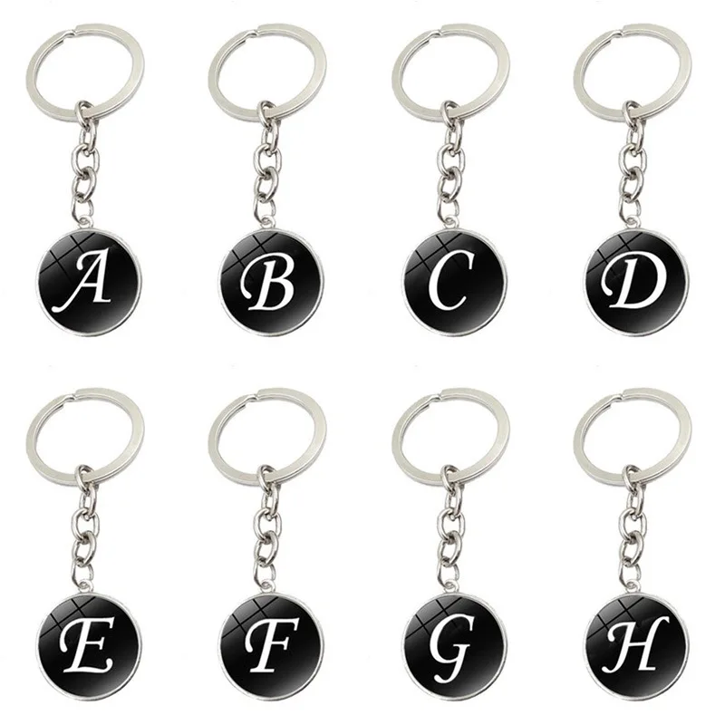 

Simple Metal Glass Cabochon A-Z Initial Letter Keychains Keyrings For Women Men Car Key Chain Handbag Charm Gifts Accessories