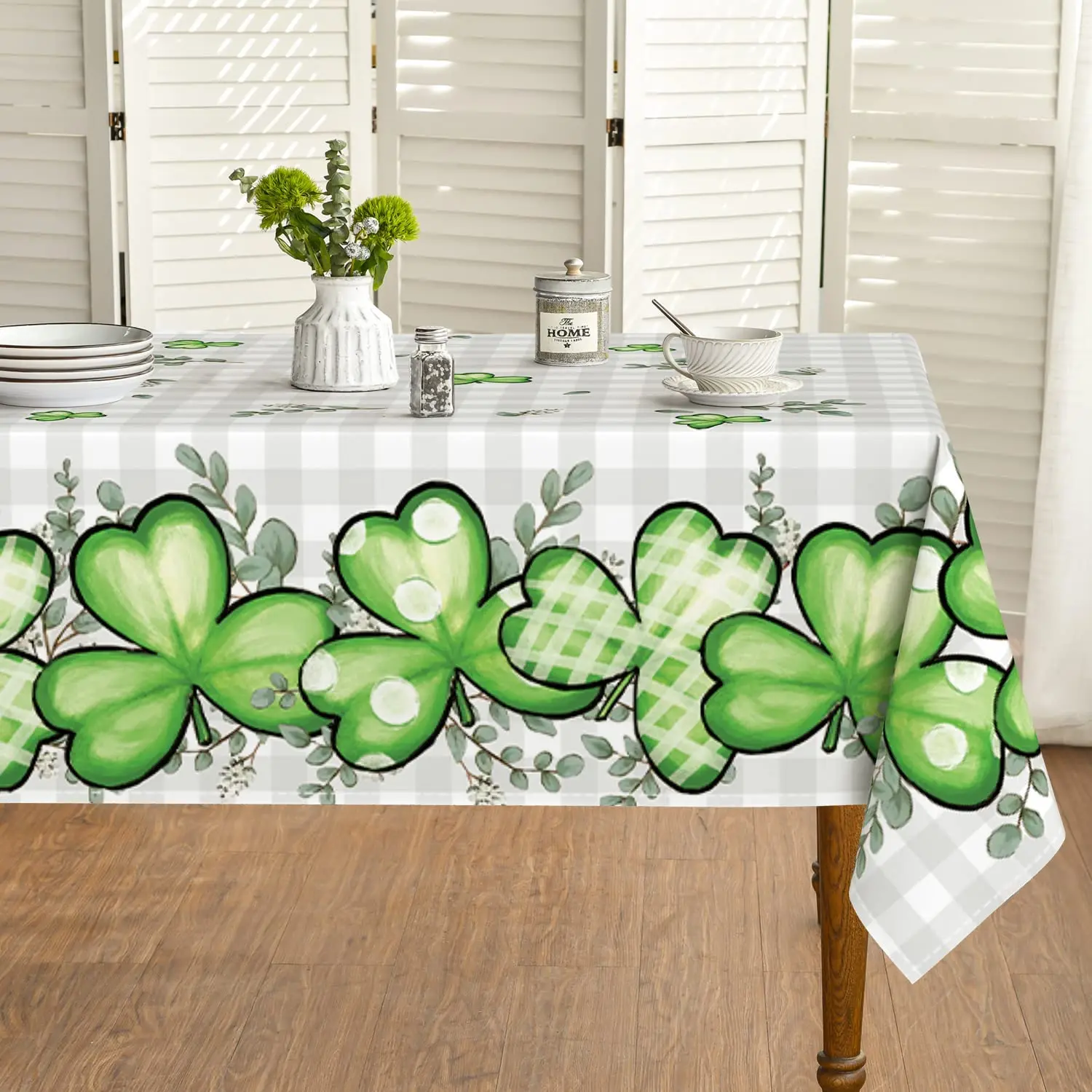 

St. Patrick's Day Waterproof Rectangle Tablecloth Buffalo Plaid Shamrock Eucalyptus Table Cover for Party Picnic Dinner Decor