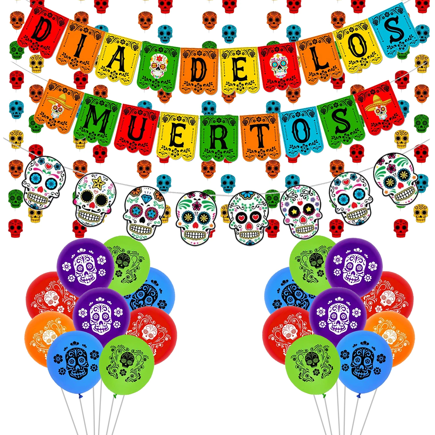 

JOYMEMO Day of The Dead Decoration Sugar Skull Balloons Dia De Los Muertos Party Banner Mexican Fiesta Halloween Party Supplies