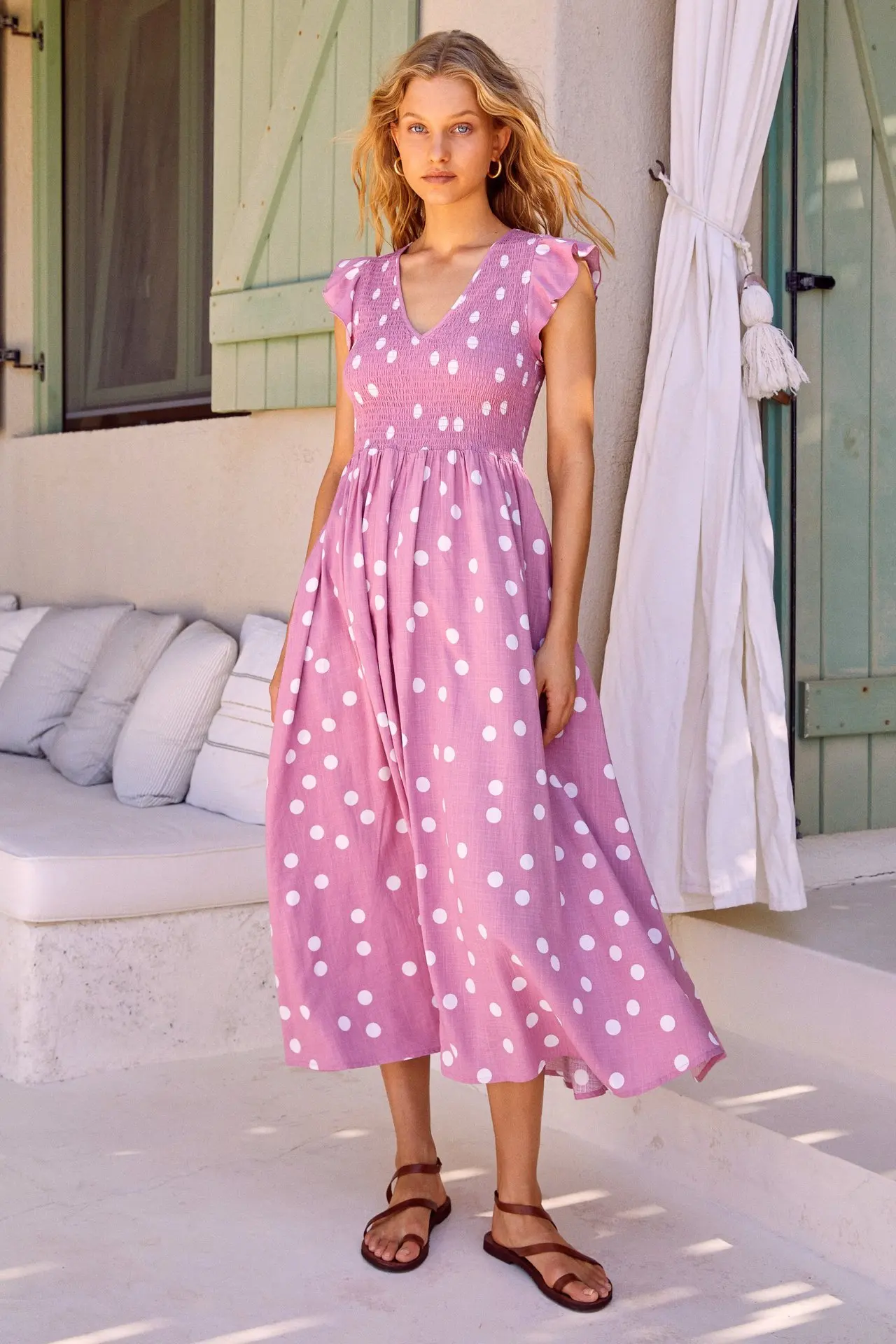 

Polka Dot Pattern Ruffles Sleeve Dress Women Boho Fashion Long Type V-Neck A-Line Dress Summer Holiday Beach Sundress