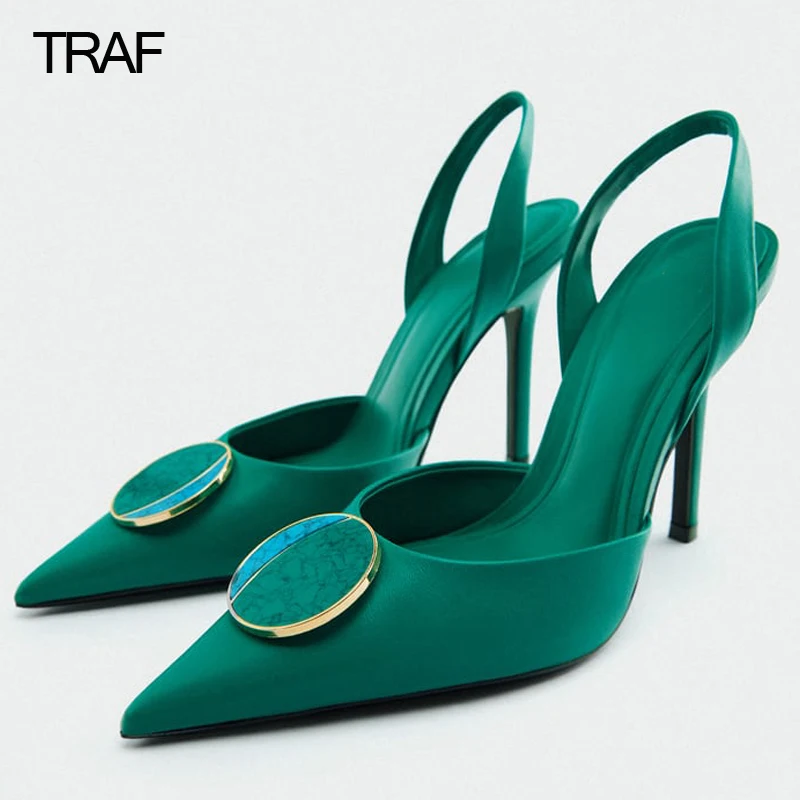 

TRAF Women's High Heels Green Rhinestone Clear Heels Wlegant Woman Pumps Heeled Sandals Stiletto Slingback Weddings Bridal Shoes