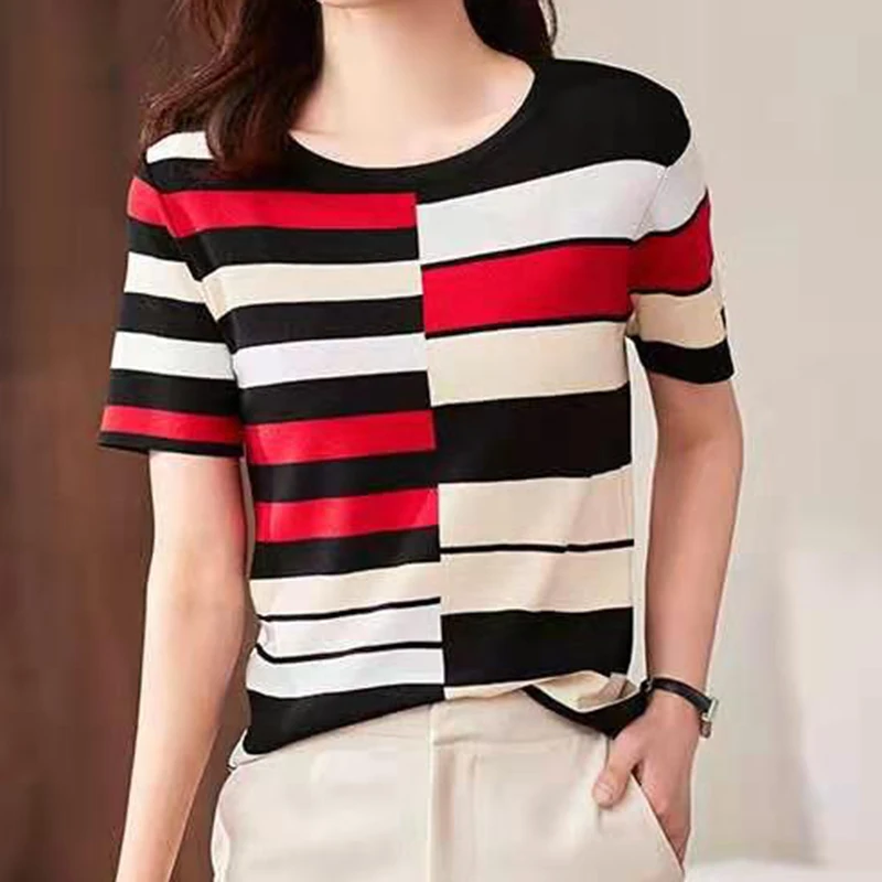 

Poleras Mujer Striped Tshirt Women Summer Knitted T Shirt Short Sleeve T Shirts Ladies Tops 2022 Casual O Neck Fashion Clothes