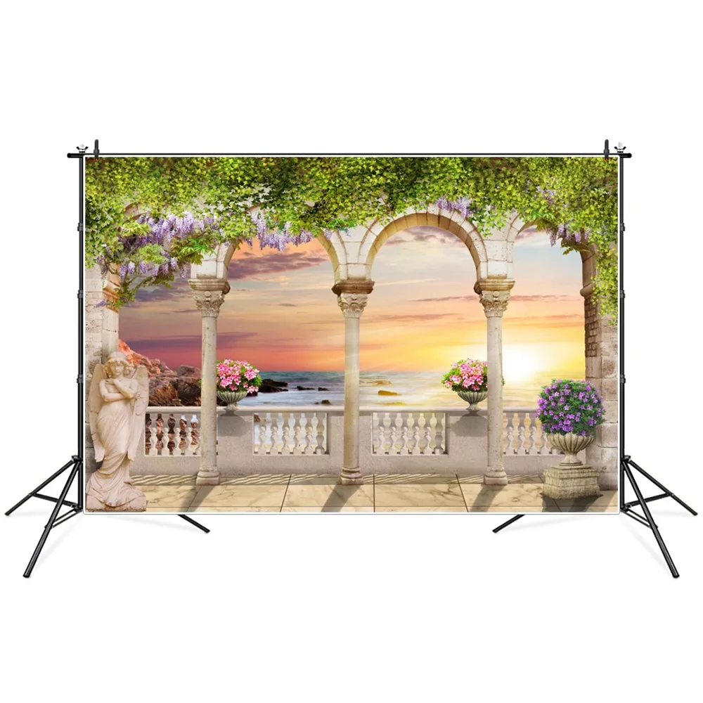 

Ocean Arch Door Viewing Platform Birthday Photography Backdrops Sign Sunset Grass Balcony Decoration Photographic Background