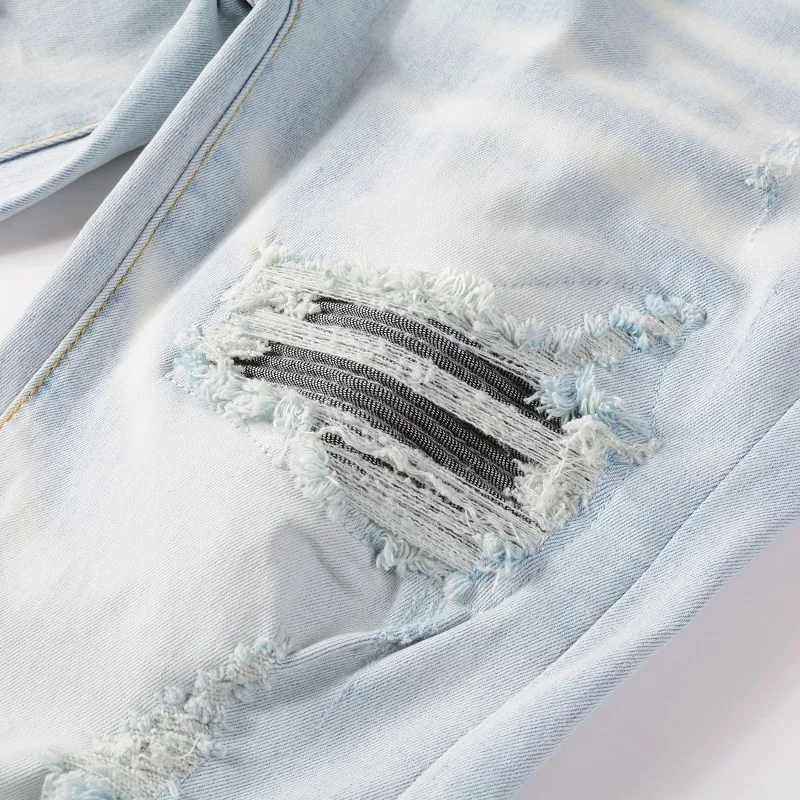 Fashion Streetwear Men Jeans Retro Light Blue Elastic Slim Fit Hole Ripped Jeans Men Patched Designer Brand Hip Hop Pants Hombre