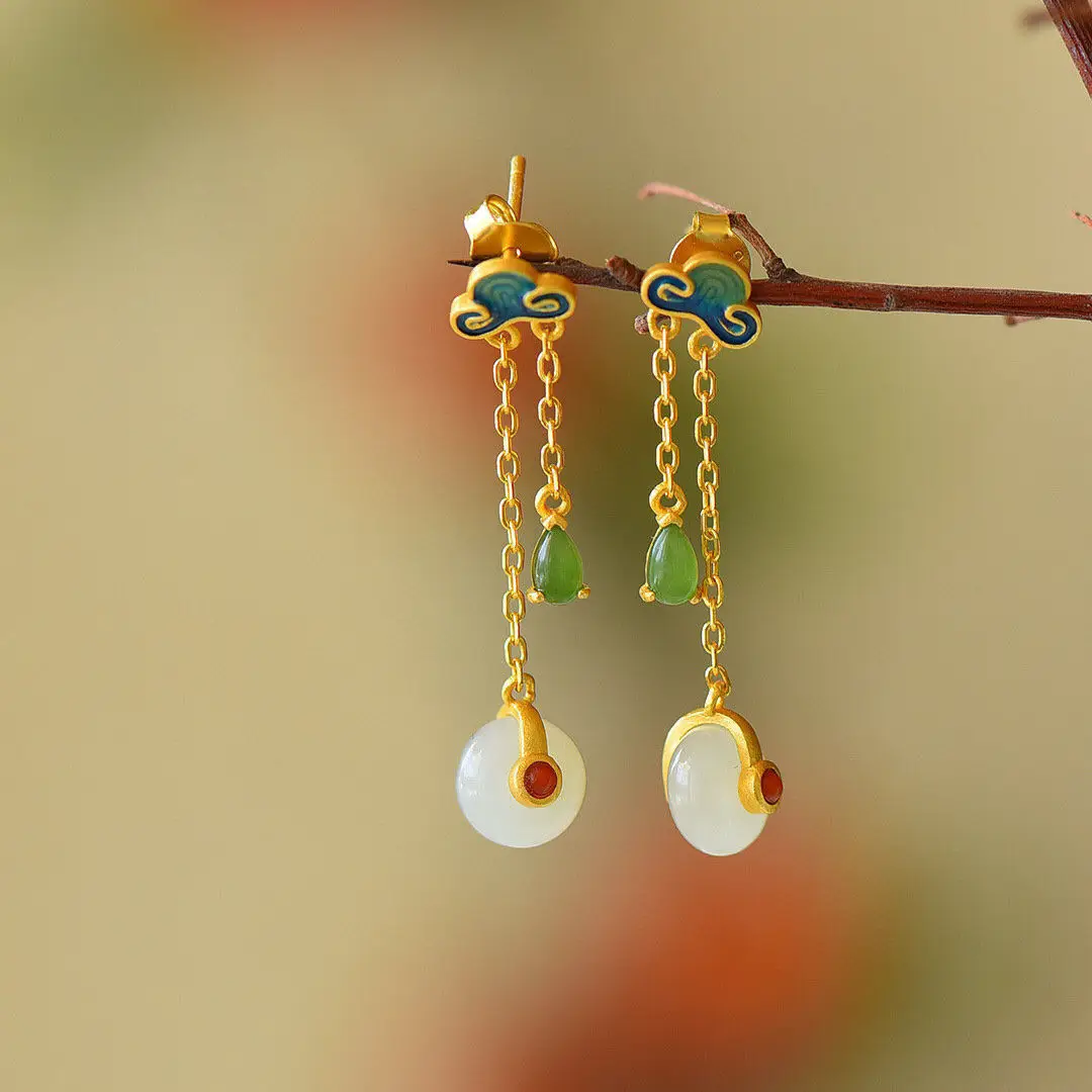 

Noble Palace Style Earrings Gold Summer Fairy Spirit Auspicious Cloud Antique Earrings Chinoiserie Inlaid Hotan Jade Earrings