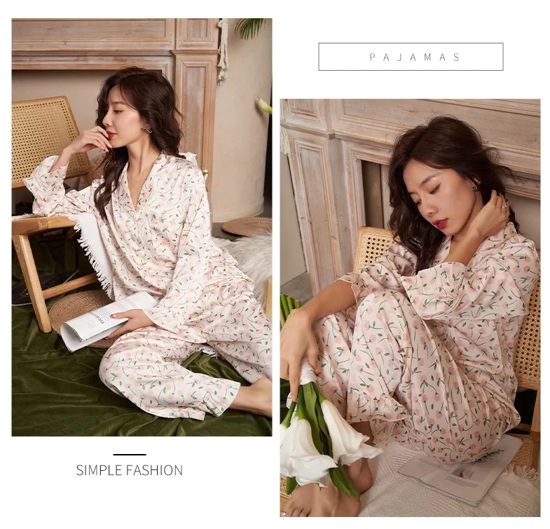 Pajamas women's simulation silk long-sleeved cardigan two-piece suit printed home clothes sleepwear nighty cloth tops+ trouser
