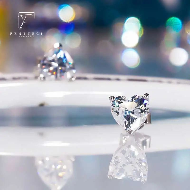 FENTTECI S925 Sterling Silver Real Moissanite Diamond Stud Earrings Heart Shaped for Women Jewelry Wedding Engagement With GRA