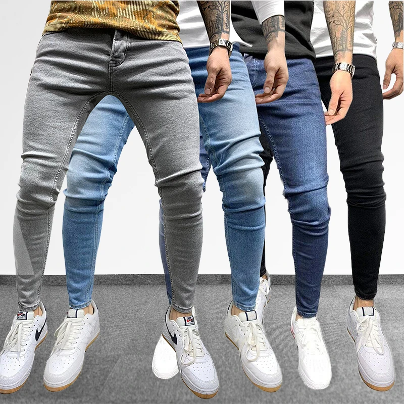 

Pure Color Gray Jeans Mens Elastic Waist Skinny Jeans 2021 Stretch No Ripped Pants Streetwear Black Mens Denim Pants