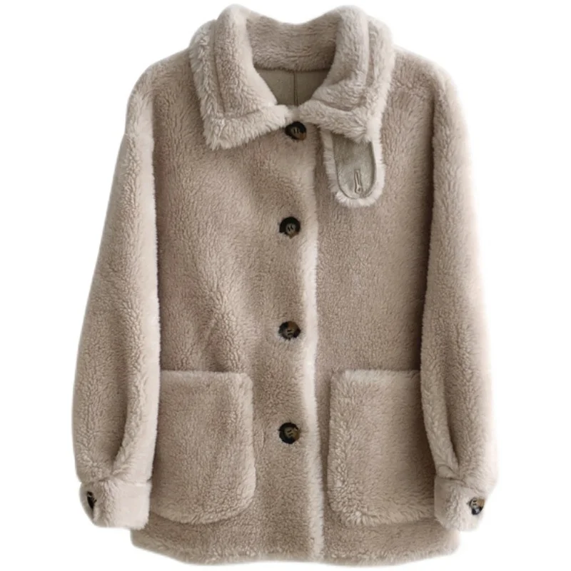 genuine Luxury brand 2023 Stand-up Collar Grain Fleece Women Coat Loose Thick Sheep Shearing Warm Real Fur Lamb Wool Winter Jack
