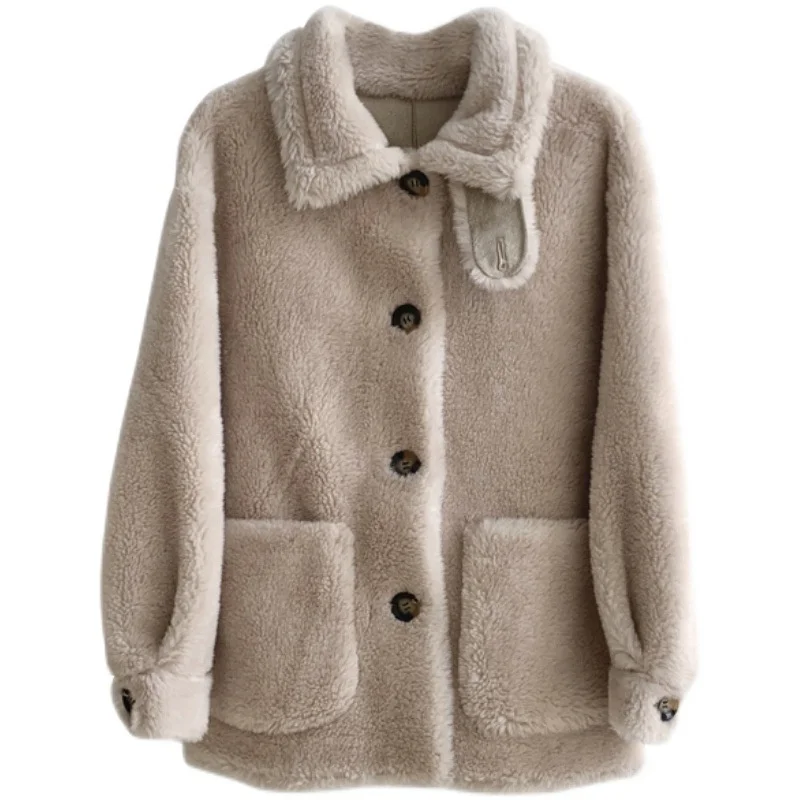 

genuine Luxury brand 2023 Stand-up Collar Grain Fleece Women Coat Loose Thick Sheep Shearing Warm Real Fur Lamb Wool Winter Jack