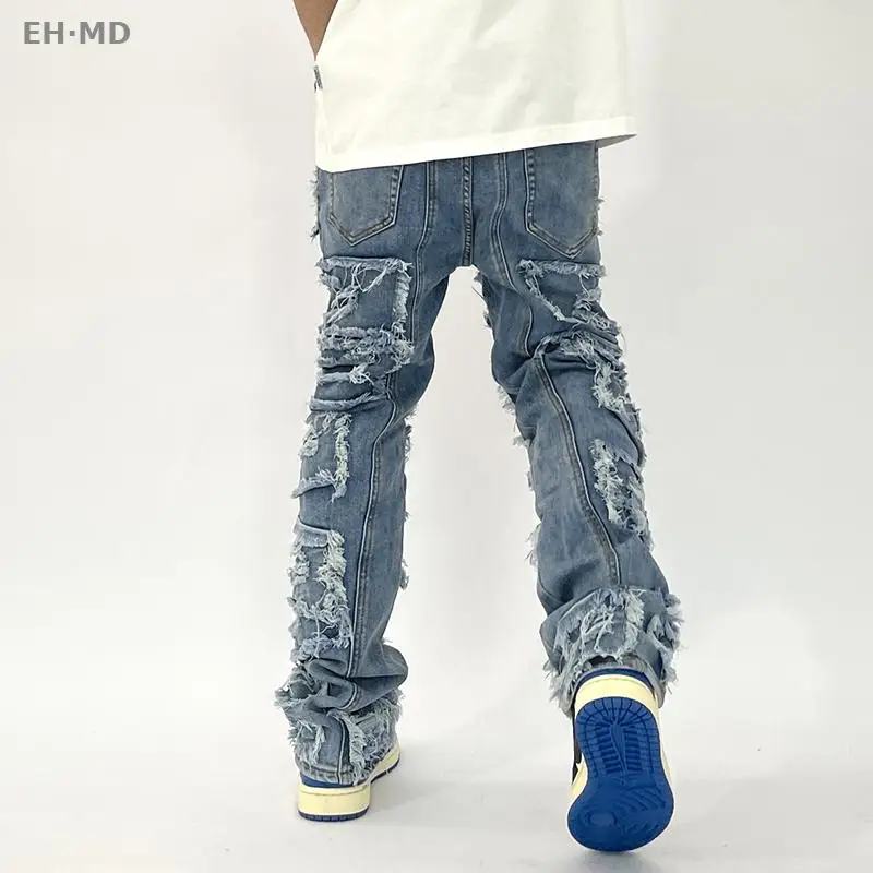 Retro Hole Ripped Distressed Jeans for Men Straight Washed Harajuku Hip Hop Loose Denim Trousers Vibe Style Casual Pants Cotton