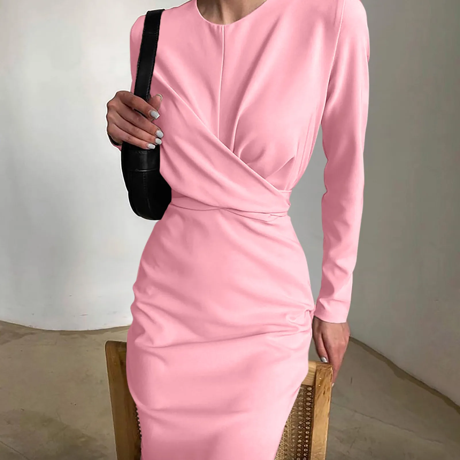 

Autumn Elegant Women Silm Dress Fashion Ladies Bodycon Folds Commute Dress Crew Neck Long Sleeve High Street Party Midi Dresses