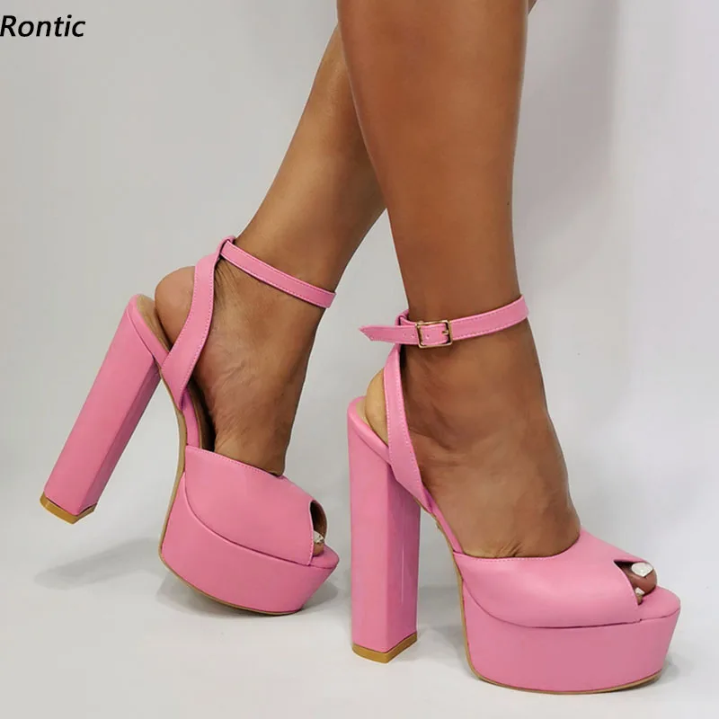 

Rontic Handmade Women Platform Sandals Ankle Strap Unisex Block Heel Peep Toe Gorgeous Pink Apricot Cosplay Shoes US Size 5-20