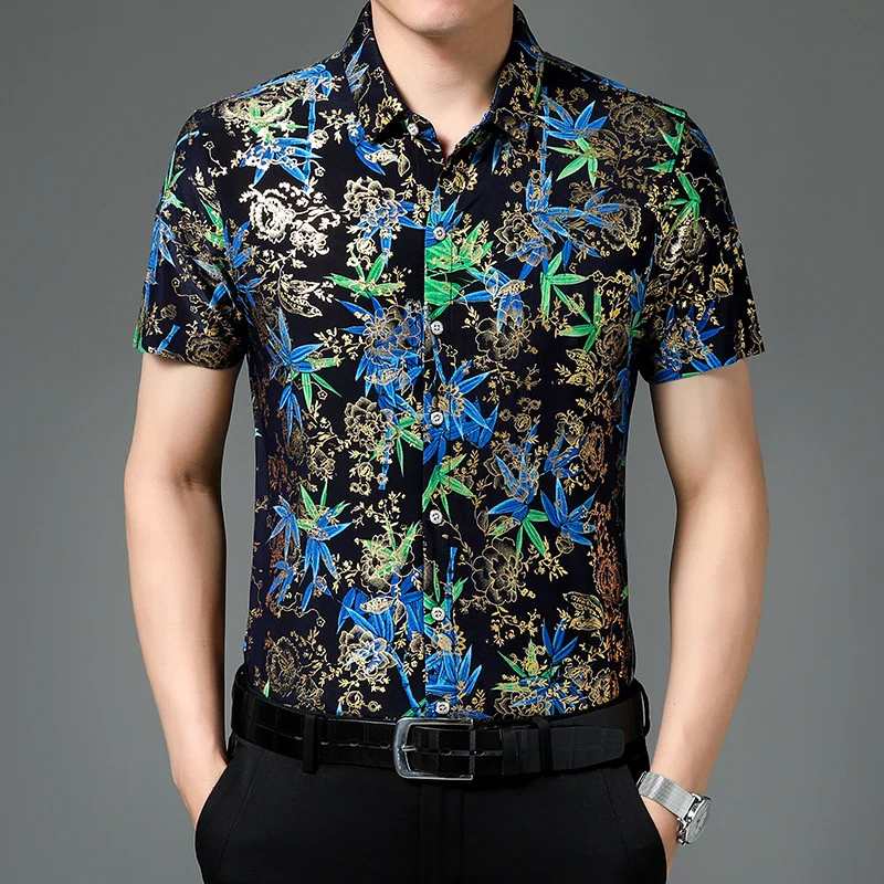New Summer Mens Clothing Simple Stripes Ethnic Printing Beach Short Sleeve Blouse Casual Loose Male Thin Top Hawaiian Shirts