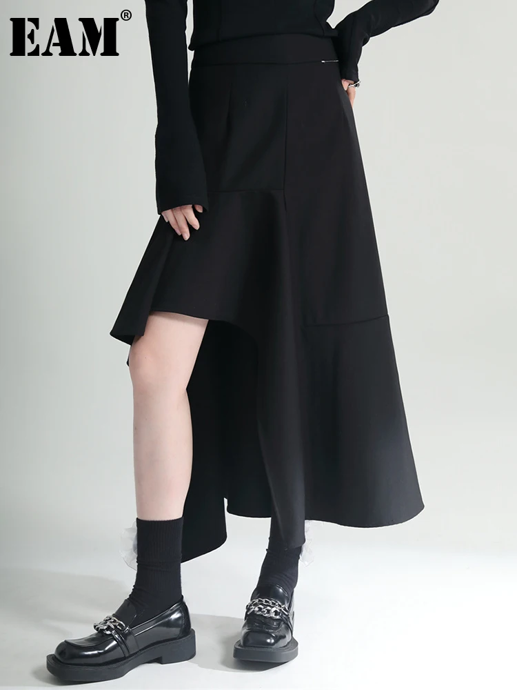 

[EAM] High Waist Black Irregular Long Hem Slit Ruffles Casual Half-body Skirt Women Fashion Tide New Spring Autumn 2023 1DE6995