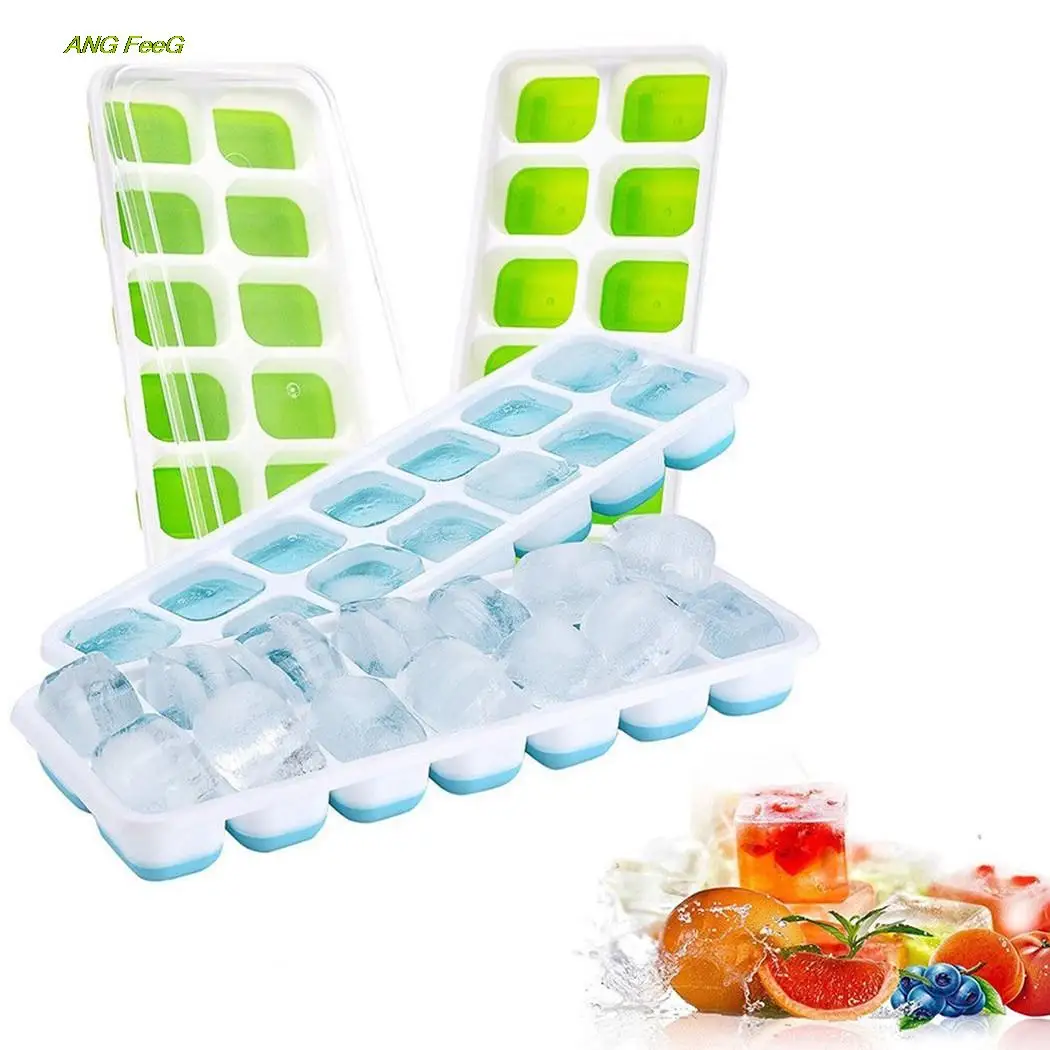 

14 Holes Silicone Ice Cube Tray Ices Maker Mold Trays Containers With Cover Silicone + PP Green/ Blue Kitchen Tools Gadgets