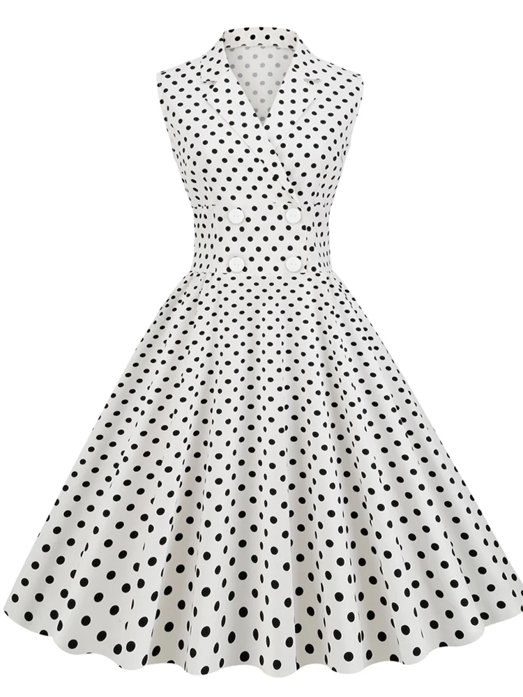 

Elegant Sleeveless White Party Swing Dresses Women Sleeveless Office Sundress Polka Dot Printed Vintage Rockabilly Midi Dress