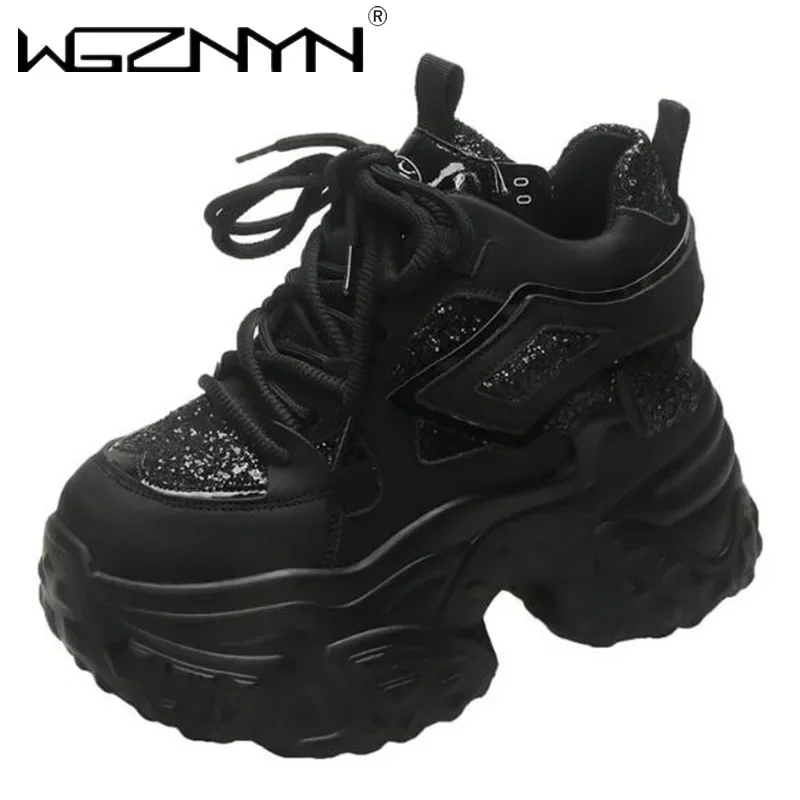 Женские кроссовки на высокой платформе 11 см блестящая кожаная спортивная обувь