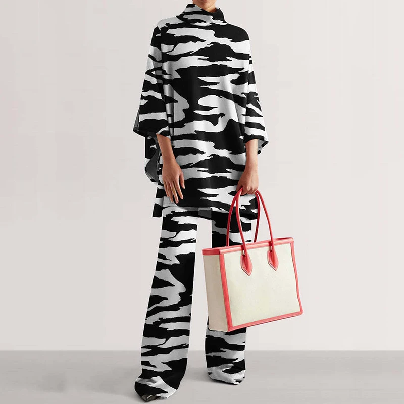 

Женский офисный костюм из двух предметов, Элегантный Модный повседневный костюм, Свободный Топ с принтом и широкие брюки, Осень-зима 2022