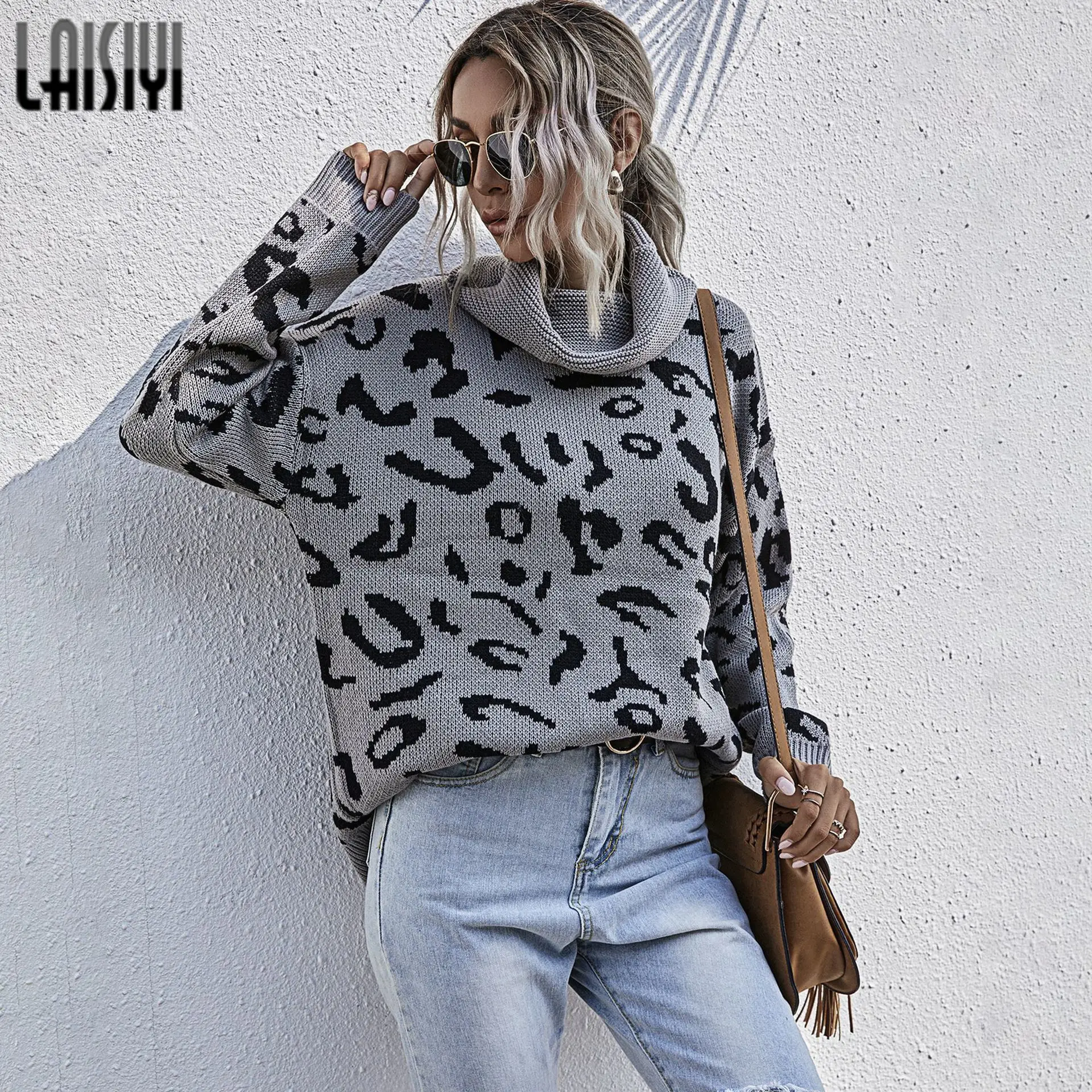 

Women's Sweater Knitted Sweaters Fashion Oversized Pullovers Casual Split Knits Leopard Print Ladies Winter Loose Warm Sweater