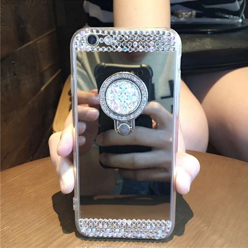For iPhone 14 13 12 11 Pro Mini 8 6 7 XS Max XR SE 2020 Case Glitter Diamond 360 Rotation Ring Stand TPU Mirror Rhinestone Funda