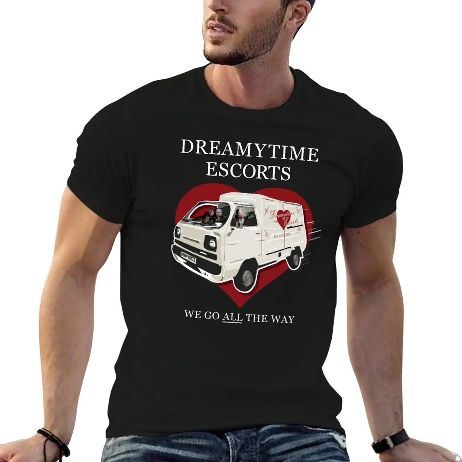 Фото Dreamytime Escorts Van - WE GO ALL THE WAY (белый текст) - Футболка в стиле Мистера Джолли из сериала «Мистер Джолли живет по соседству», больших размеров, в уличном стиле. №1