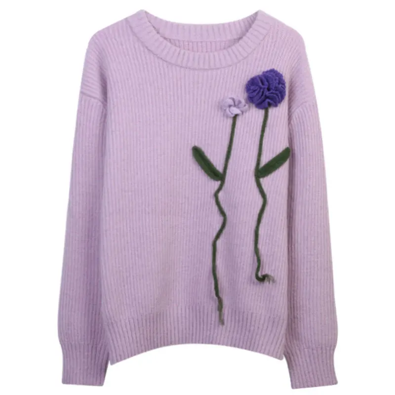 

3D Floral Knitting Women Purple Sweater Spring Loose Casual Strechy Casual Lady Pullover Jumpers Clothes