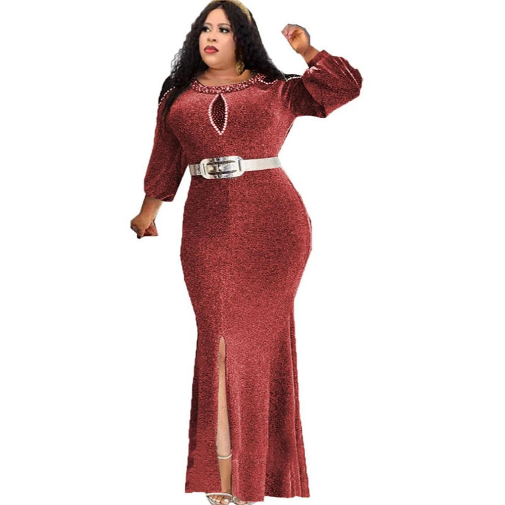 

Африканские платья для женщин, блестящее элегантное официальное платье с бисером и длинным рукавом-фонариком, красное вечернее платье 2022, А...