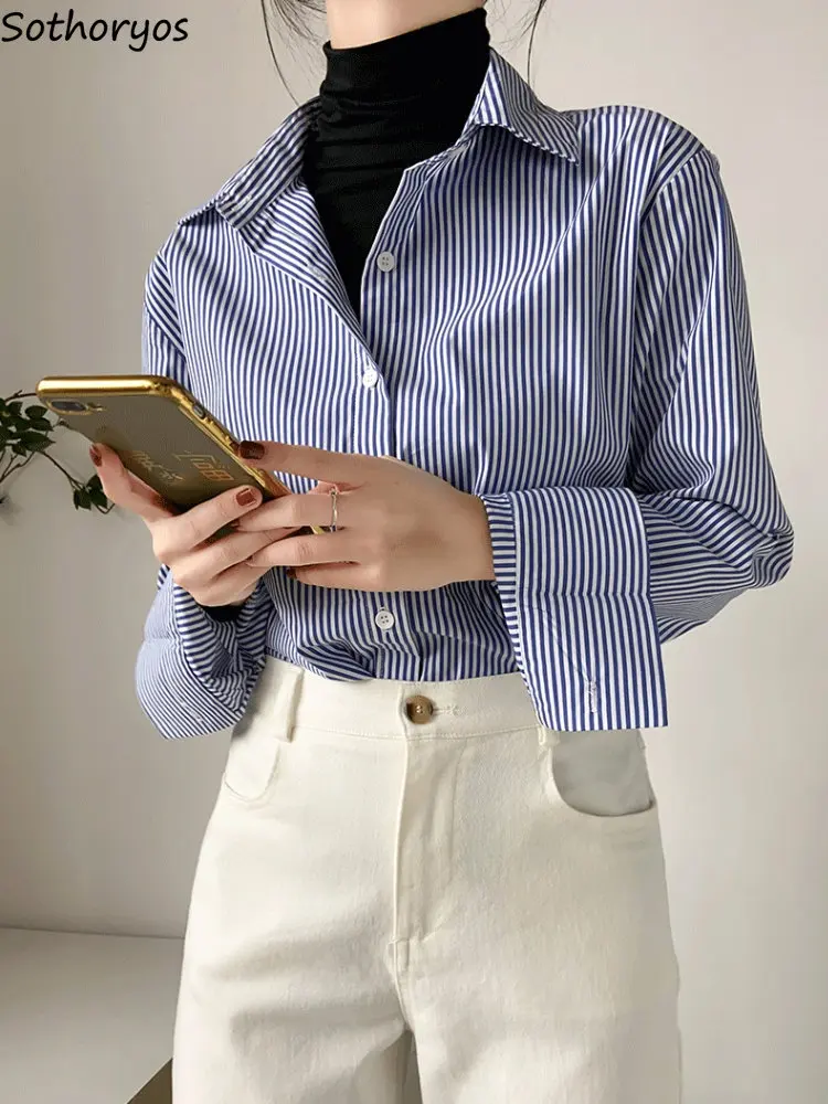 

Рубашка Женская Полосатая классическая, Офисная Повседневная универсальная Свободная блуза в Корейском стиле, базовая популярная Минималистичная одежда на весну
