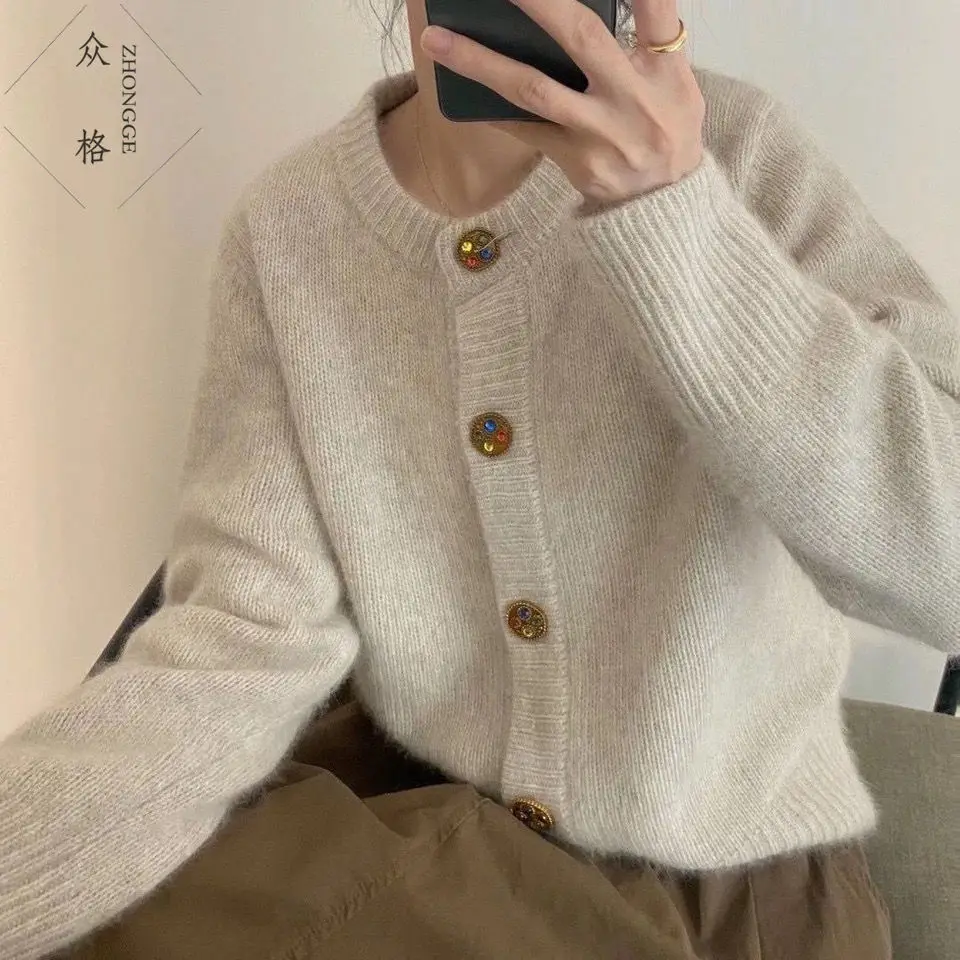 

Knitted Cardigan Women's Sweater Coat 2022 Spring Autumn New Korean Style Casual Sweater Round Neck Top Loose Outer W52