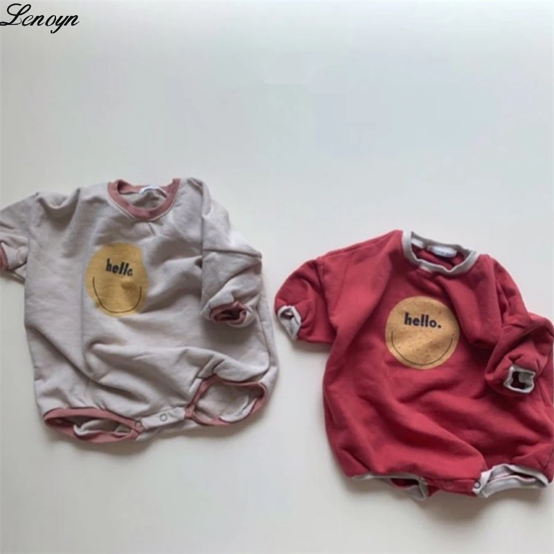 

Lenoyn 2023 Spring Children's Fashion Hot Sale Plush Baby Creeper Long Sleeve Smiling Face Baby Bodysuit
