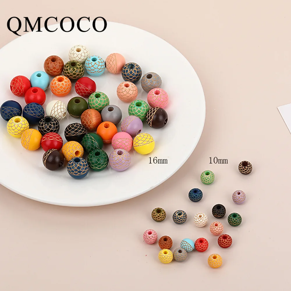 

10mm 16mm 20Pcs Colorful Wooden Round Beads Engraving Grid Pattern Loose Bead Accessories DIY Crafts Jewelry Custom Materials