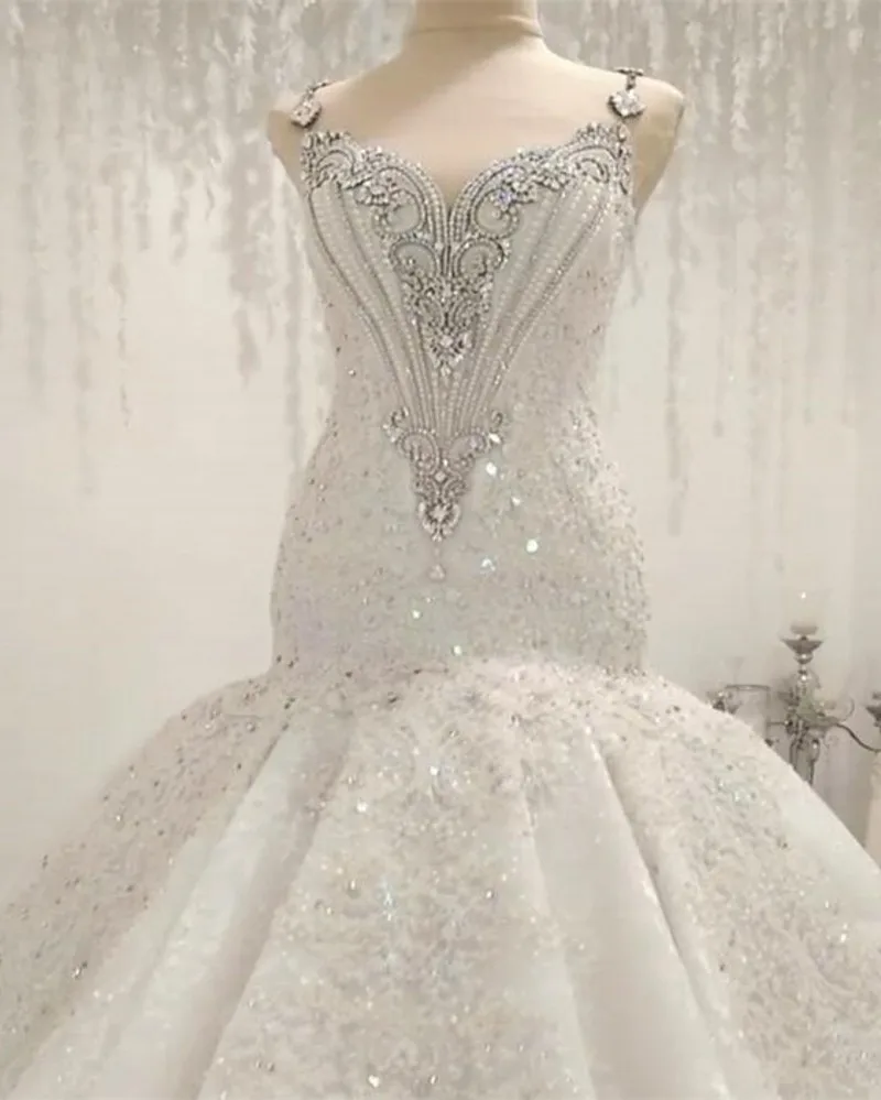 

Luxurious Mermaid Wedding Dresses Lace Appliques Crystals Pearls Bride Gowns Arabic Dubai Vestidos De Noiva Robe Mariage