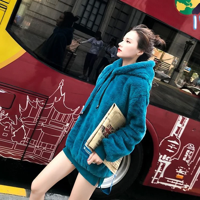 Women Faux Mink Fur Pullover Coat Loose Casual Warm Hoodies Autumn Winter Ladies Fleece Flannel Pullover Female Pink Sweatshirts
