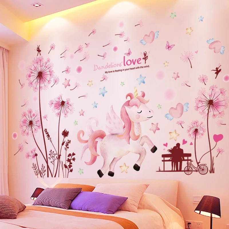 

Unicorn Animal Wall Stickers DIY Dandelion Flowers Wall Decals for Kids Room Baby Bedroom Kindergarten Nursery Home Decoration