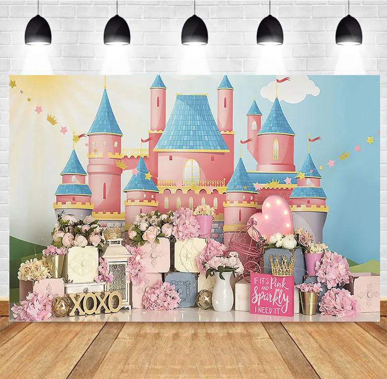 

Фотофон сказочный розовый замок цветочный сад принцесса девушка на 1-й День рождения Фотостудия