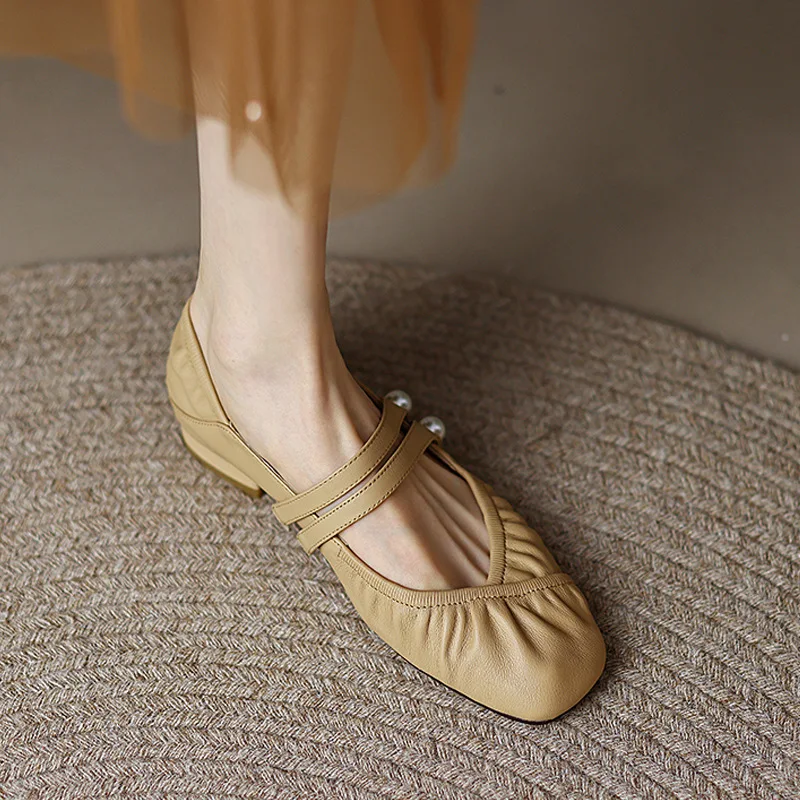 

2022 Fashion Casual New Spring Mary Jane Shoes Baotou Pearl Soft Sole Solid Color Pleated Ballet Single Shoes