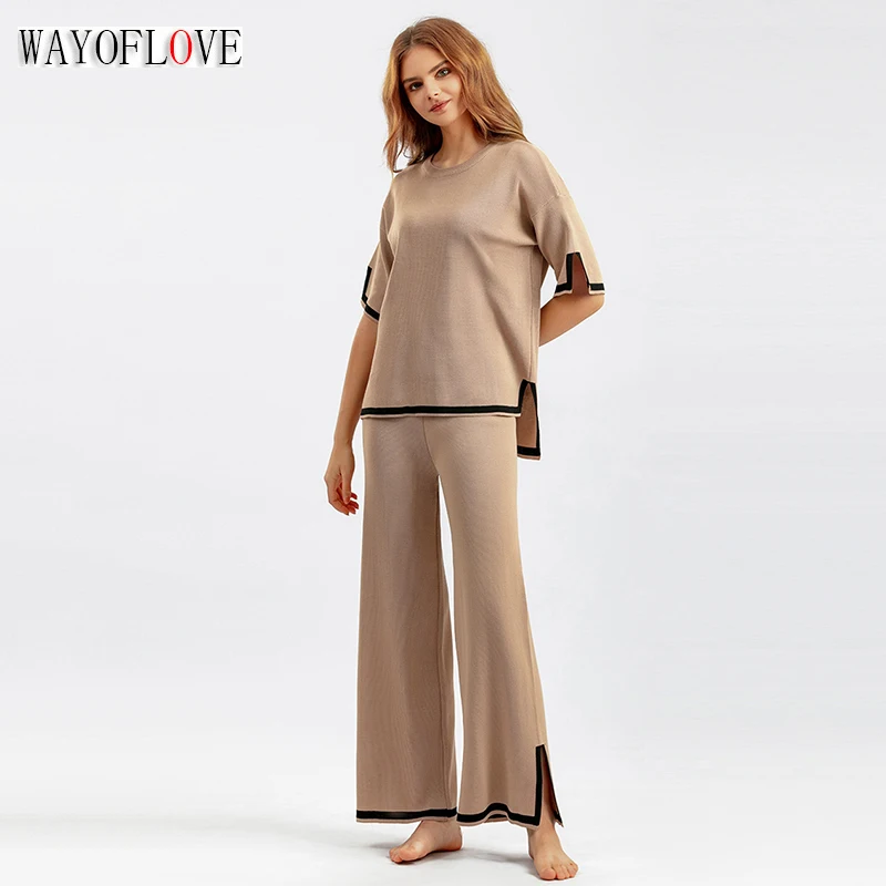 

WAYOFLOVE Knitted Sweater Women Two Pieces Sets Spring Autumn Loose O-Neck Pullovers Sweater Tops & Wide-Leg Pants Knitwear Suit